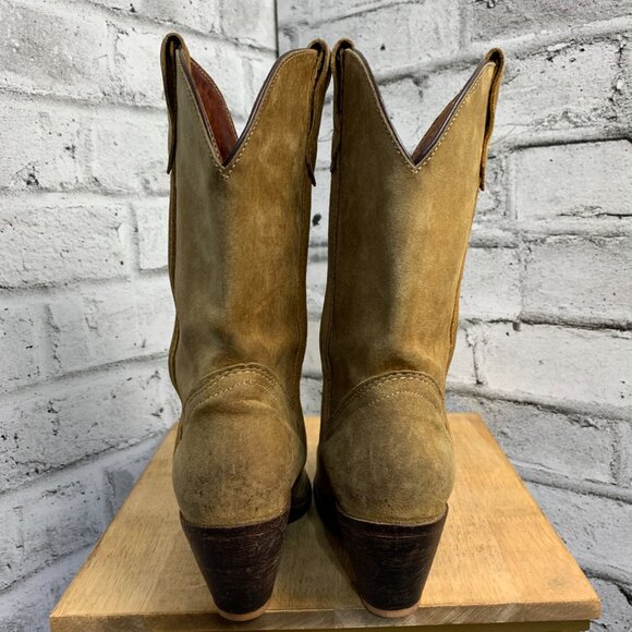 Frye Vintage Suede Western Cowboy Boots 7 Tan Distressed Heel Boho Cowgirl USA - Picture 8 of 16